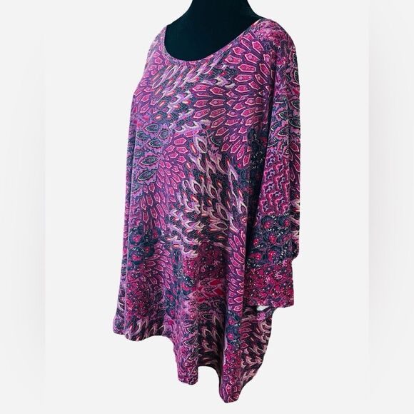 Catherines Top Women's Size 4X Pink and Purple Peacock Print Stretch Shirt - Picture 5 of 8